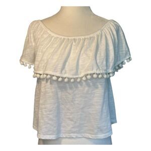 Royalty Off The Shoulder Pom Pom Trim Top White Knit Cropped Ruffle Shoulder S‎